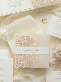 Luxury Blush Opulence Laser Cut Lace Pocketfold Wedding Invitation Suite with 3 Tier:  Guest Info & Travel & RSVP Card