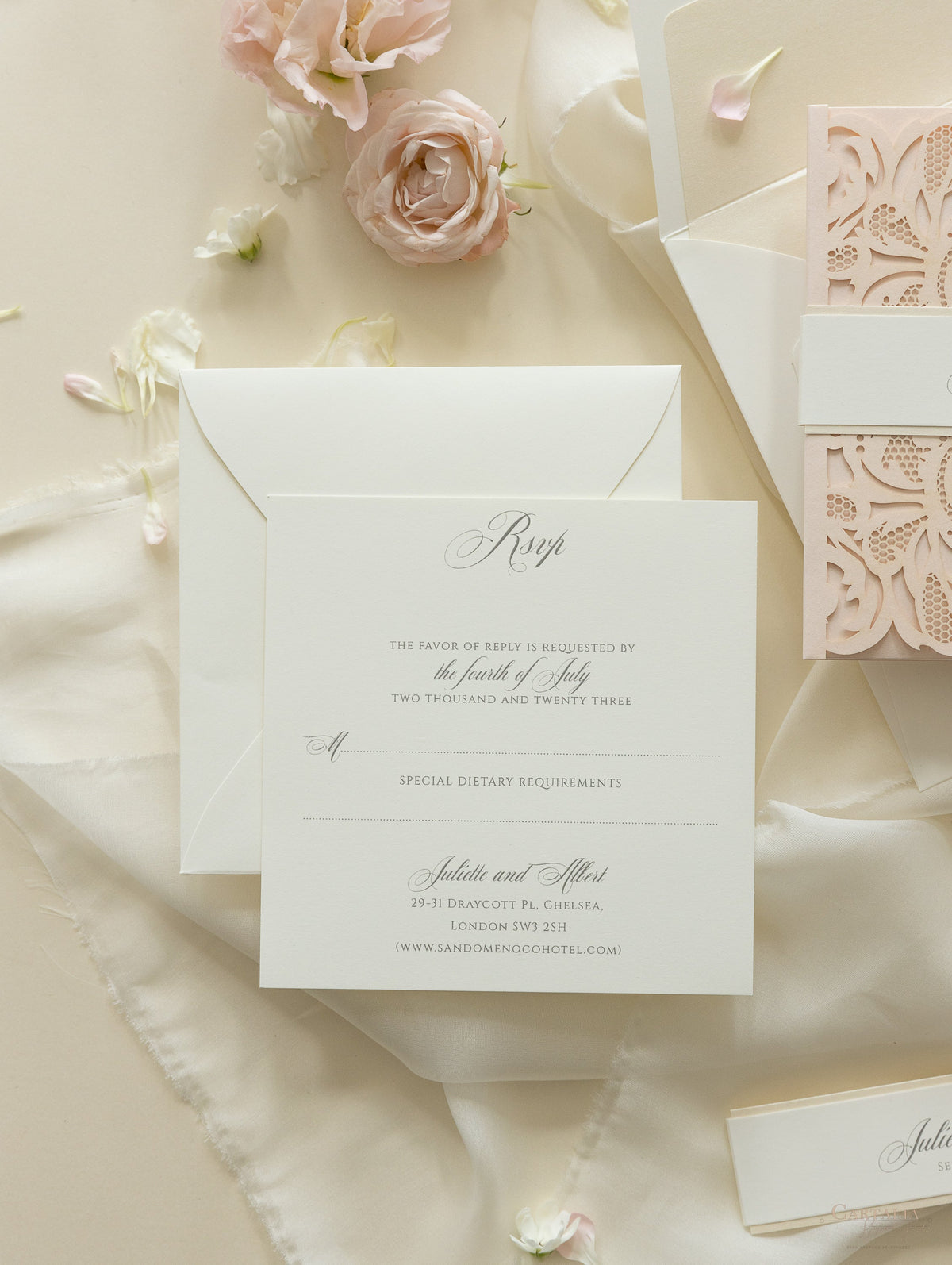 Luxury Blush Opulence Laser Cut Lace Pocketfold Wedding Invitation Suite with 3 Tier:  Guest Info & Travel & RSVP Card