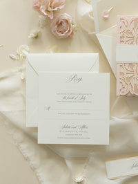 Luxury Blush Opulence Laser Cut Lace Pocketfold Wedding Invitation Suite with 3 Tier:  Guest Info & Travel & RSVP Card