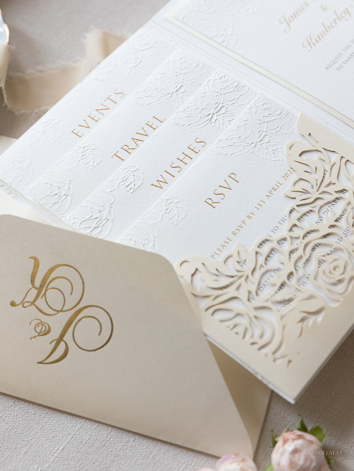 Luxury 4 Inserts Pocket with Embossed with Gold Foil Monogram and  Laser cut Pocket fold Suite