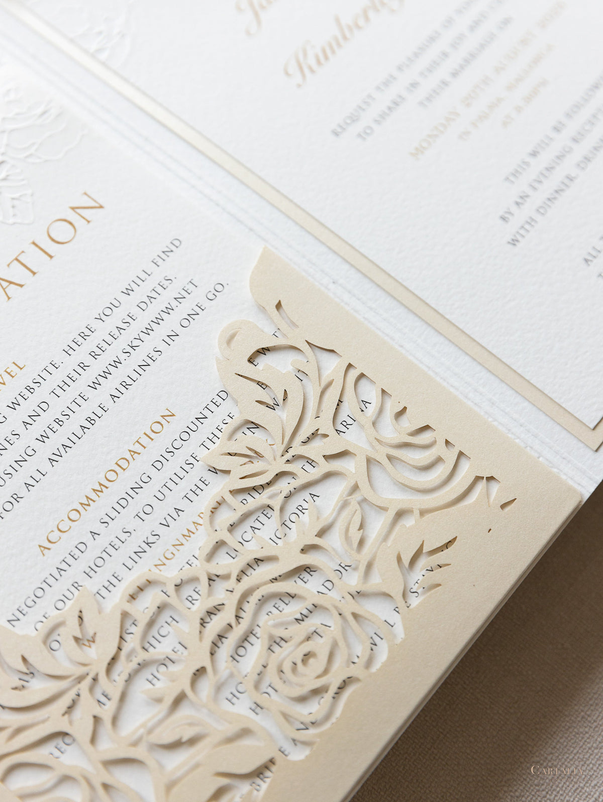 Luxury 4 Inserts Pocket with Embossed with Gold Foil Monogram and  Laser cut Pocket fold Suite