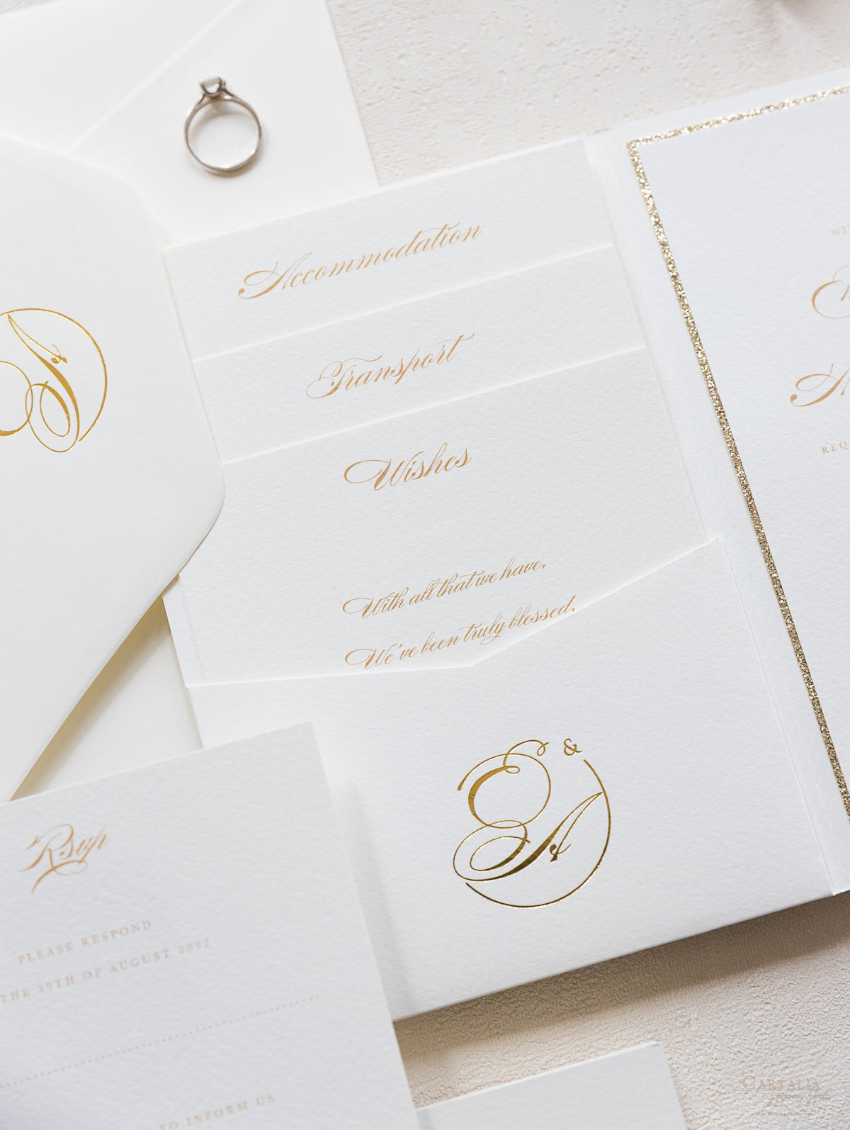 Luxury Classic Pocket fold with 4 inserts Wedding Invitation Suite with Gold Foil