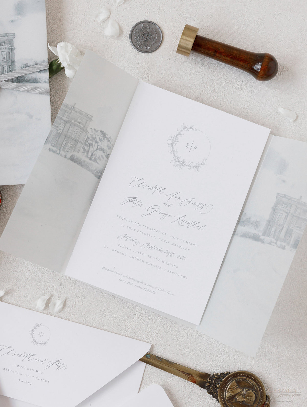 HEDSOR HOUSE | Your Venue invitation on Vellum with Wax Seal Wedding invitation | SAMPLE