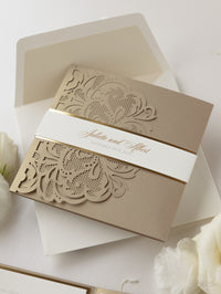 Luxury Old Gold Opulence Laser Cut Lace Pocketfold Wedding Invitation Suite with 3 Tier:  Guest Info & Travel & RSVP Card