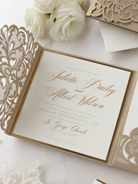 Luxury Old Gold Opulence Laser Cut Lace Pocketfold Wedding Invitation Suite with 3 Tier:  Guest Info & Travel & RSVP Card