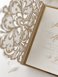 Luxury Old Gold Opulence Laser Cut Lace Pocketfold Wedding Invitation Suite with 3 Tier:  Guest Info & Travel & RSVP Card