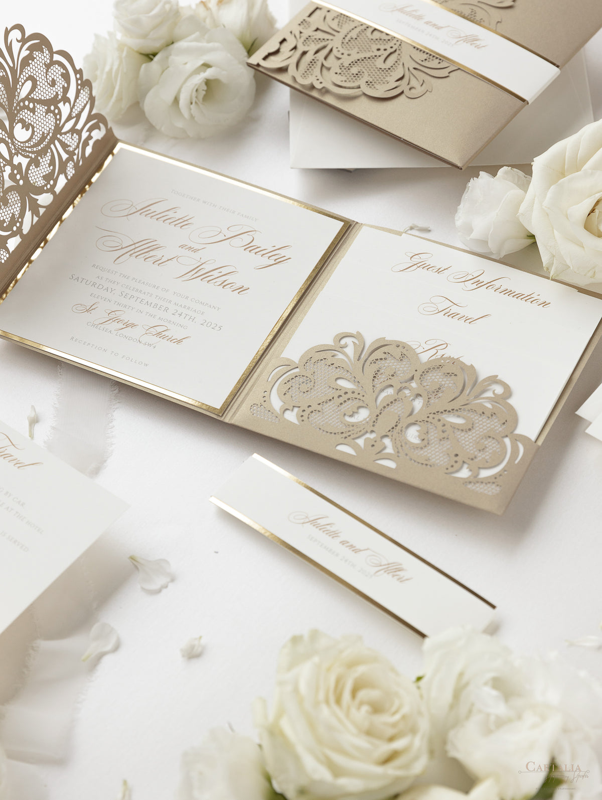 Luxury Old Gold Opulence Laser Cut Lace Pocketfold Wedding Invitation Suite with 3 Tier:  Guest Info & Travel & RSVP Card