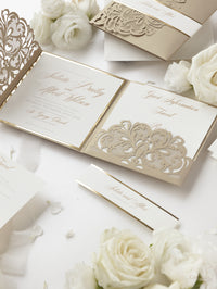 Luxury Old Gold Opulence Laser Cut Lace Pocketfold Wedding Invitation Suite with 3 Tier:  Guest Info & Travel & RSVP Card