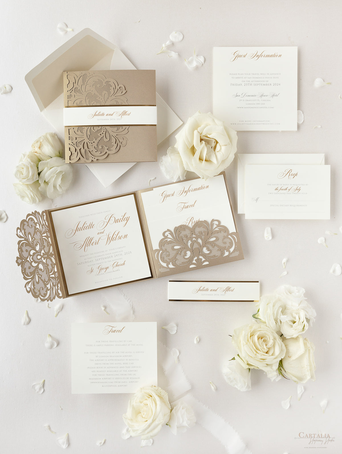 Luxury Old Gold Opulence Laser Cut Lace Pocketfold Wedding Invitation Suite with 3 Tier:  Guest Info & Travel & RSVP Card