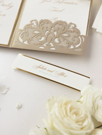 Luxury Old Gold Opulence Laser Cut Lace Pocketfold Wedding Invitation Suite with 3 Tier:  Guest Info & Travel & RSVP Card