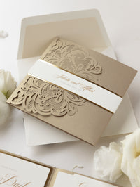 Luxury Old Gold Opulence Laser Cut Lace Pocketfold Wedding Invitation Suite with 3 Tier:  Guest Info & Travel & RSVP Card