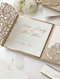 Luxury Old Gold Opulence Laser Cut Lace Pocketfold Wedding Invitation Suite with 3 Tier:  Guest Info & Travel & RSVP Card