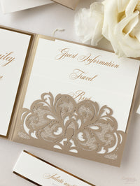 Luxury Old Gold Opulence Laser Cut Lace Pocketfold Wedding Invitation Suite with 3 Tier:  Guest Info & Travel & RSVP Card