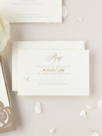 Luxury Old Gold Opulence Laser Cut Lace Pocketfold Wedding Invitation Suite with 3 Tier:  Guest Info & Travel & RSVP Card