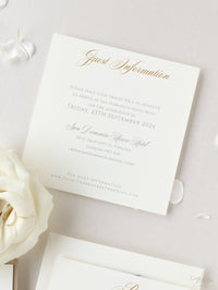 Luxury Old Gold Opulence Laser Cut Lace Pocketfold Wedding Invitation Suite with 3 Tier:  Guest Info & Travel & RSVP Card