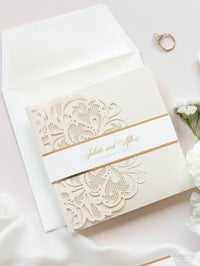 Luxury Old Gold Opulence Laser Cut Lace Pocketfold Wedding Invitation Suite with 3 Tier:  Guest Info & Travel & RSVP Card