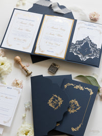 Luxury Navy & Gold Classic Pocket Suite with Gold Foil and Wedding with 3 inserts Tri Fold