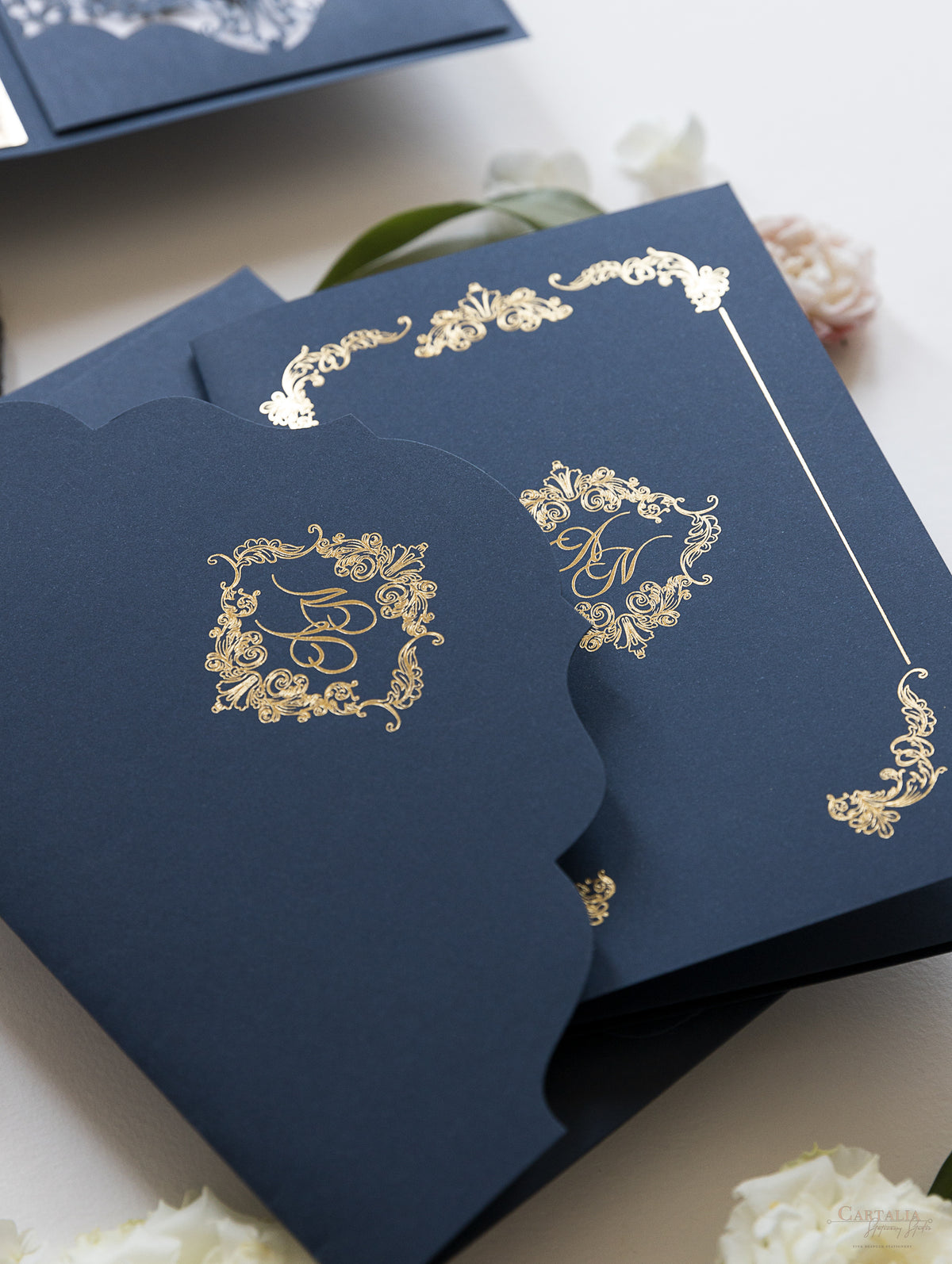 Luxury Navy & Gold Classic Pocket Suite with Gold Foil and Wedding with 3 inserts Tri Fold