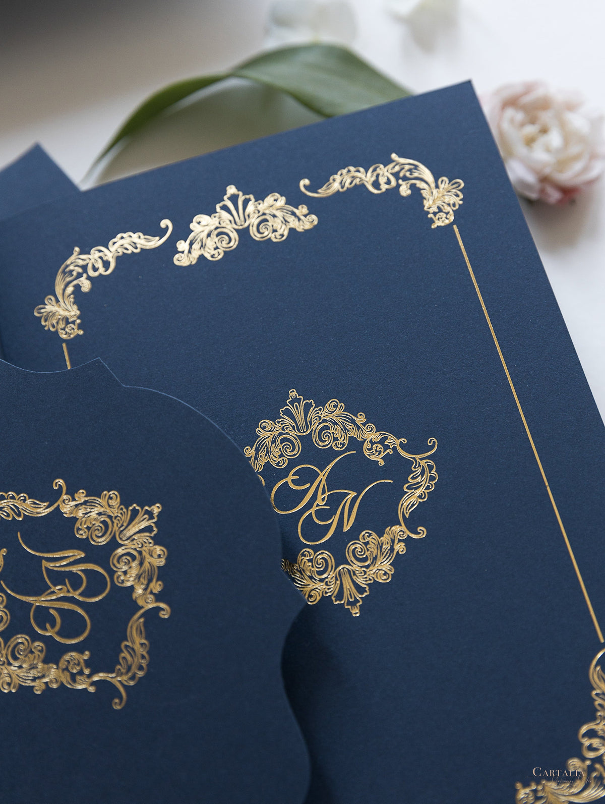 Luxury Navy & Gold Classic Pocket Suite with Gold Foil and Wedding with 3 inserts Tri Fold