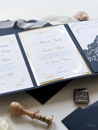 Suite tascabile classica di lusso blu scuro e oro con lamina d'oro e matrimonio con 3 inserti ripiegabili