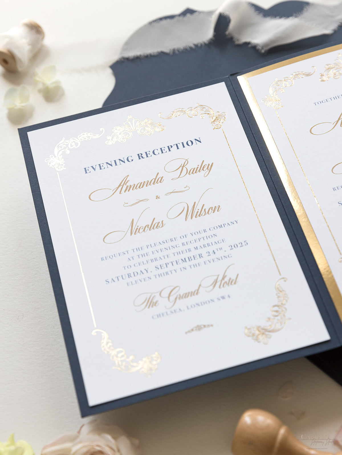 Luxury Navy & Gold Classic Pocket Suite with Gold Foil and Wedding with 3 inserts Tri Fold