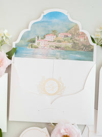 Villa del Balbianello Luxury Wedding Invitation Suite | Pocketstyle Folio with Watercolour Venue and Gold Foil |  Lake Como Wedding