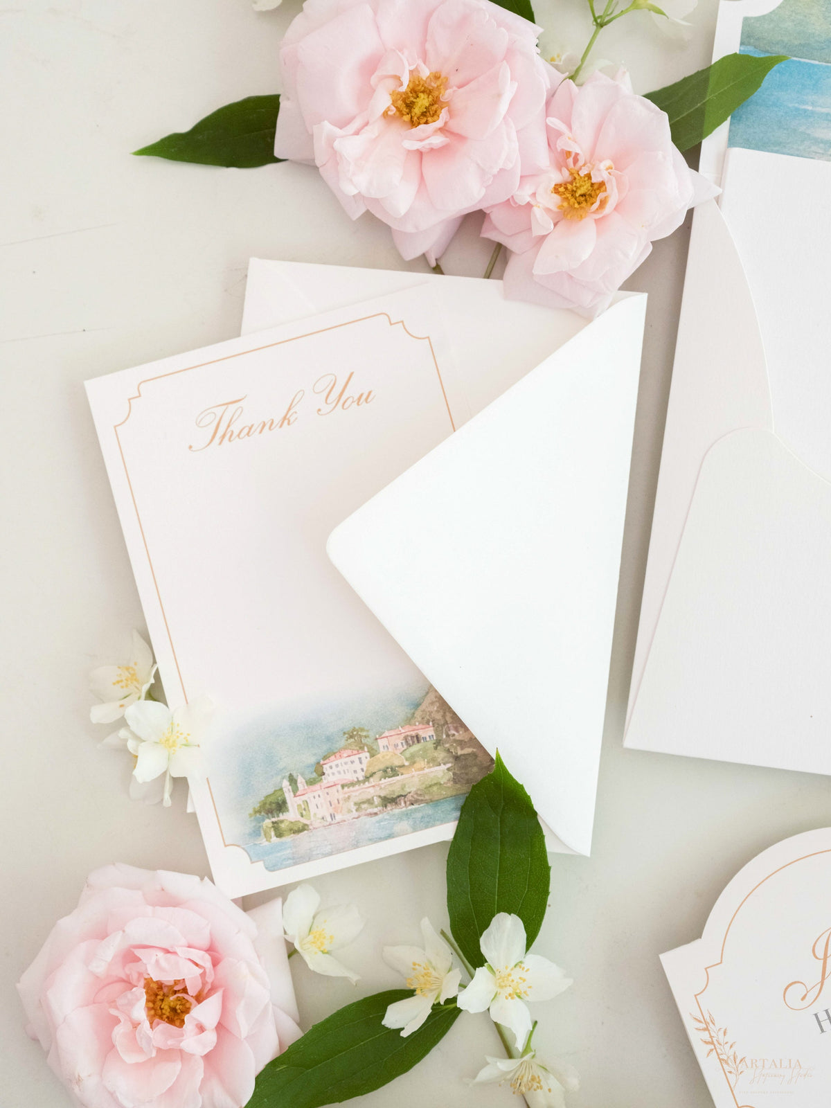 Bespoke Watercolour Thank You Cards with Gold Foil Monogram | Villa del Balbianello, Lake Como Wedding