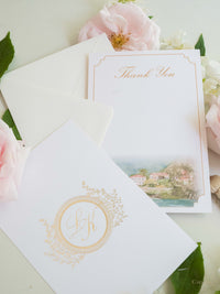 Bespoke Watercolour Thank You Cards with Gold Foil Monogram | Villa del Balbianello, Lake Como Wedding