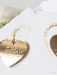 Gold Mirror Plexi Save the Date Magnet with Heart Foiled card.