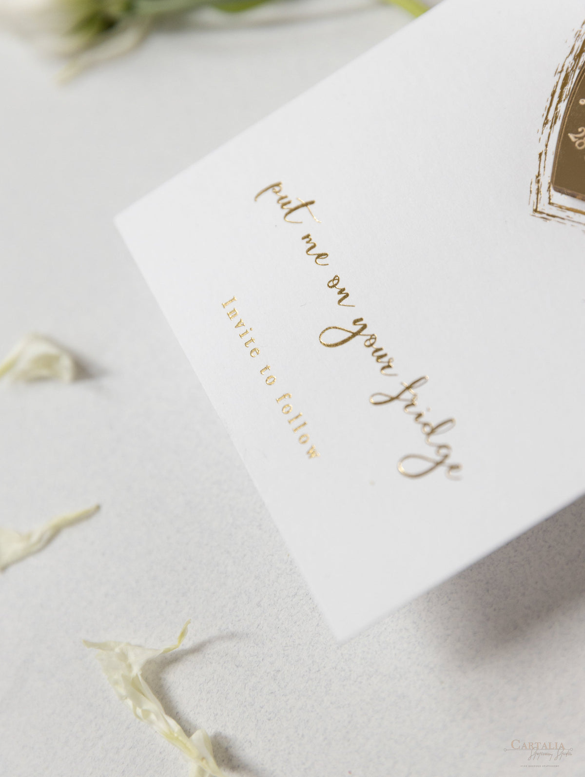 Gold Mirror Plexi Save the Date Magnet with Heart Foiled card