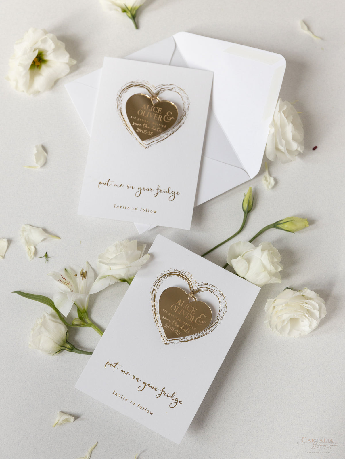 Gold Mirror Plexi Save the Date Magnet with Heart Foiled card