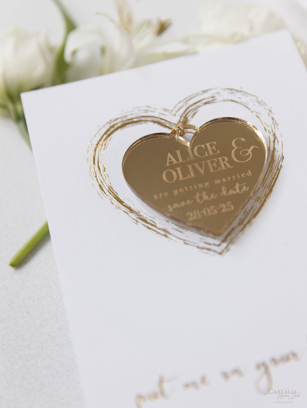 Gold Mirror Plexi Save the Date Magnet with Heart Foiled card.