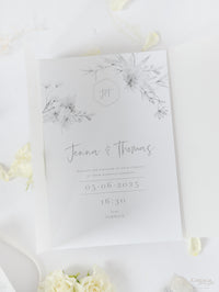 Invito per il giorno della suite in pergamena e RSVP in plexi con specchio in lamina d'argento con design floreale Boho grigio e argento