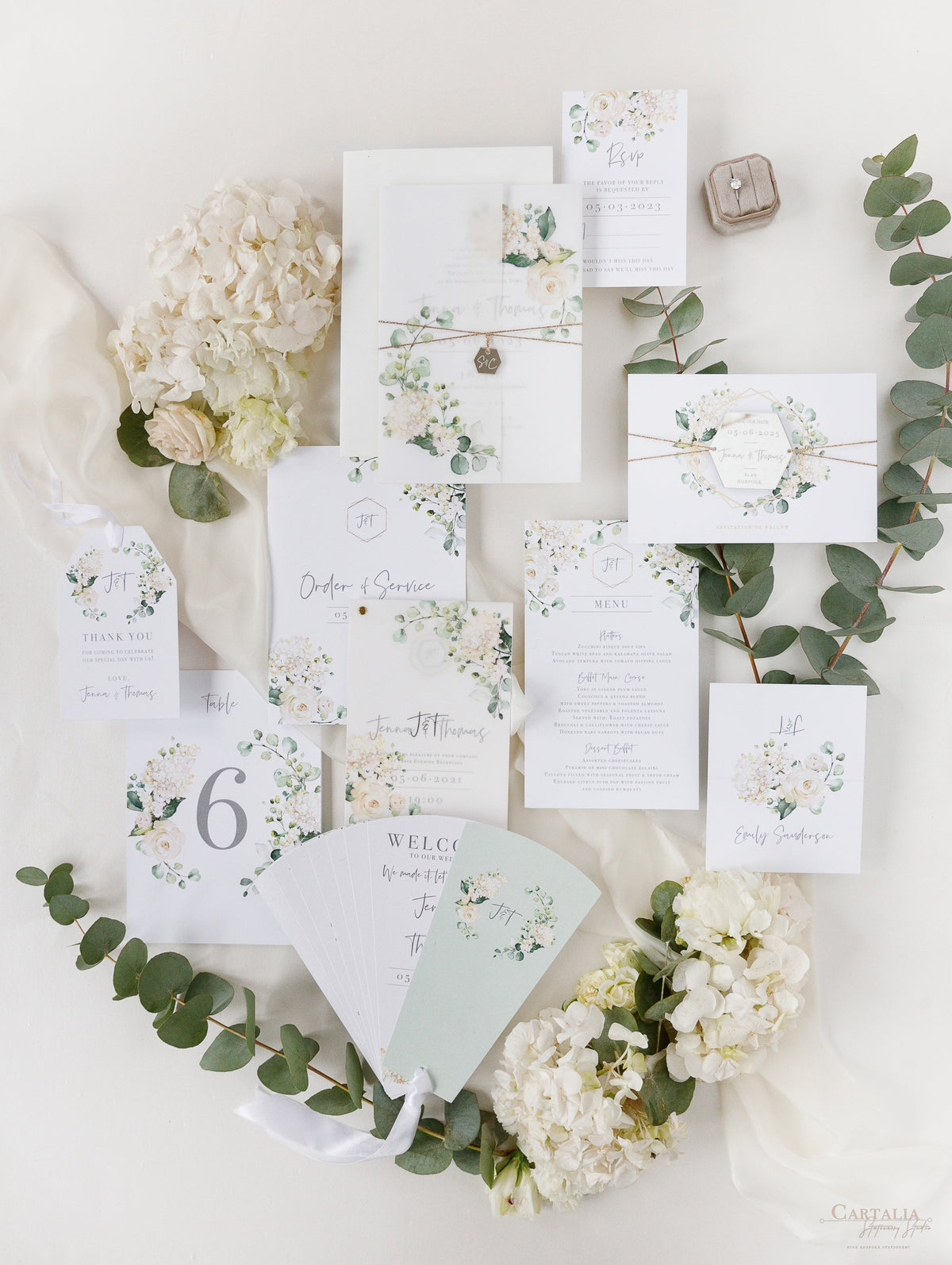 White Hydrangea Menu Cards With Gold Foiled Hexagon Shape