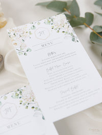 White Hydrangea Menu Cards With Gold Foiled Hexagon Shape