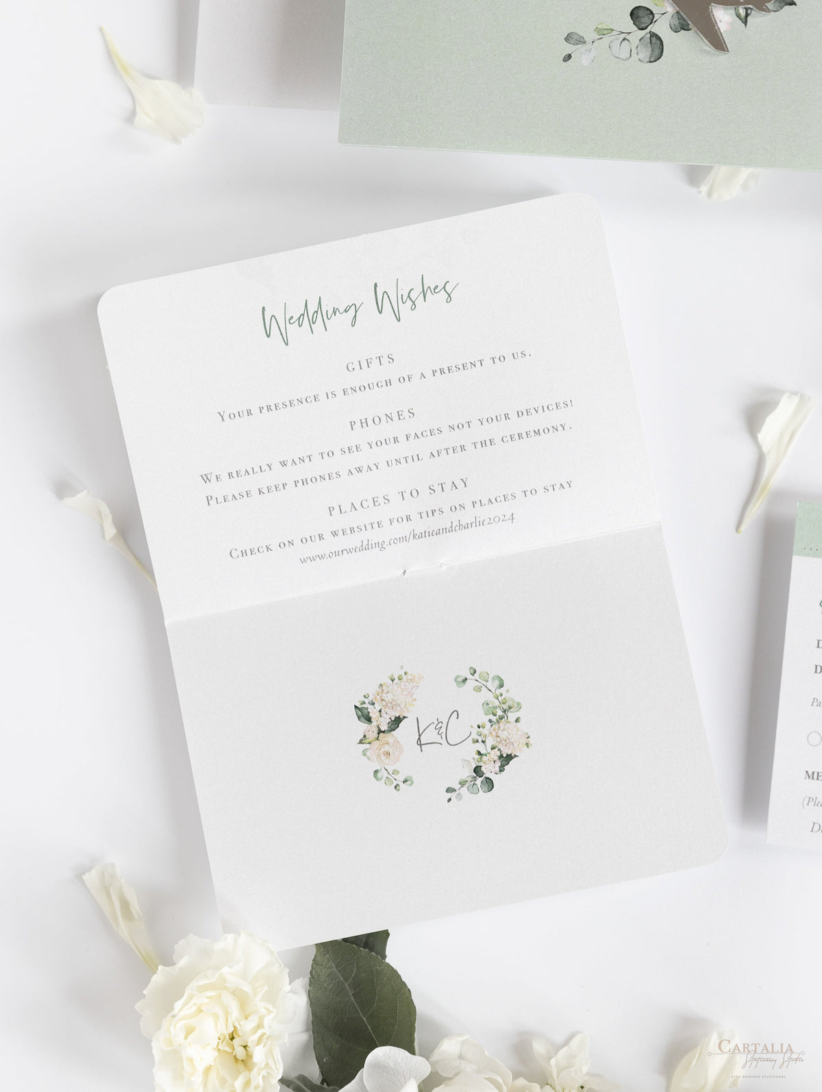 Wedding Hydrangea Folder Wallet in Sage Green, Passport Invitation & Mirror Plane Tag