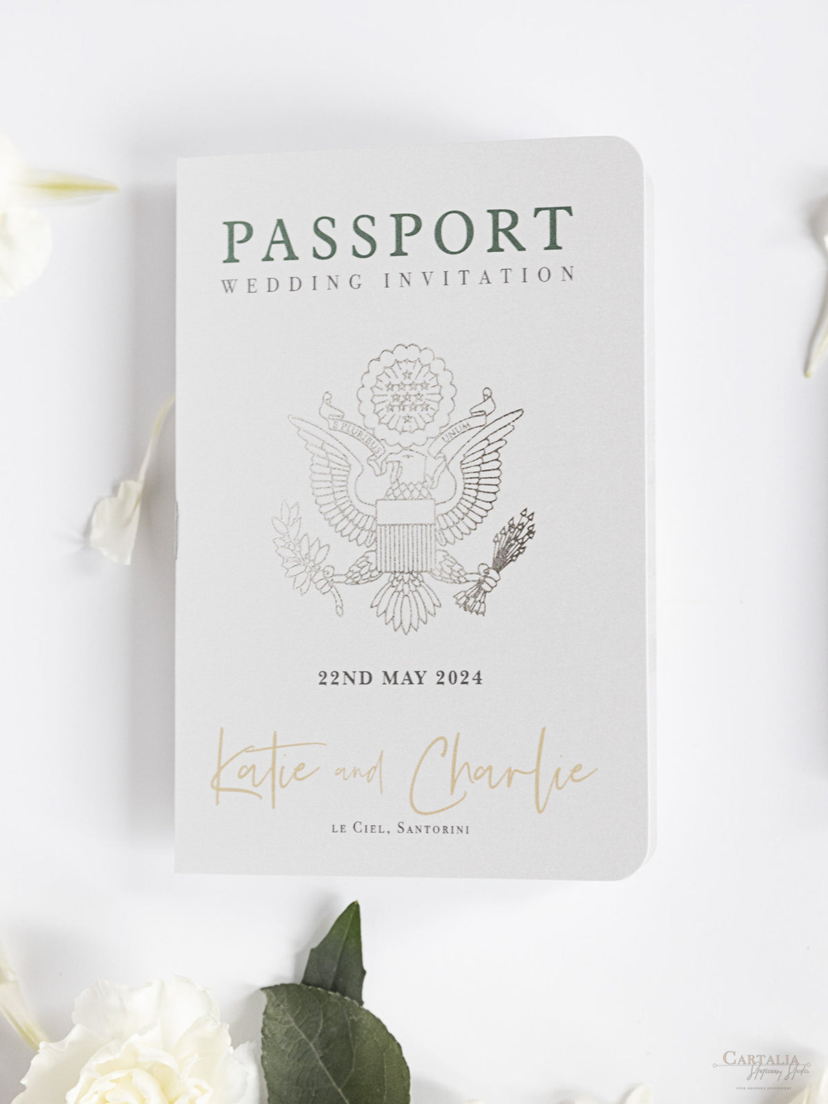 Wedding Hydrangea Folder Wallet in Sage Green, Passport Invitation & Mirror Plane Tag