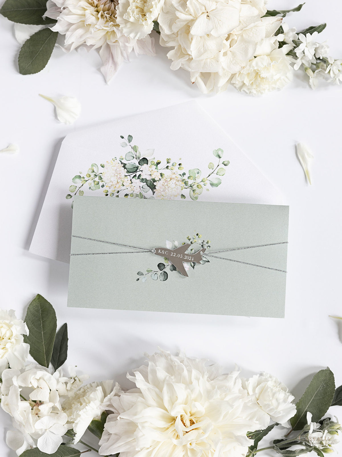 Wedding Hydrangea Folder Wallet in Sage Green, Passport Invitation & Mirror Plane Tag