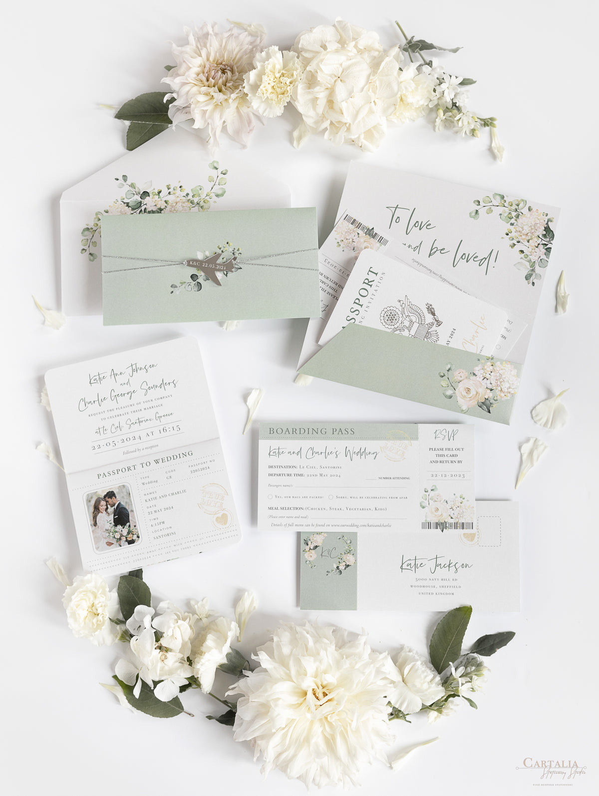 Wedding Hydrangea Folder Wallet in Sage Green, Passport Invitation & Mirror Plane Tag
