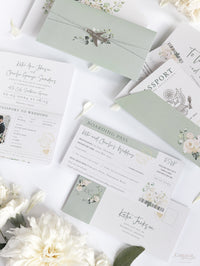 Wedding Hydrangea Folder Wallet in Sage Green, Passport Invitation & Mirror Plane Tag