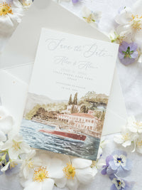 Luxury Hand Painted Save The Date with Venue Watercolour & Wax Seal |  Villa Pizzo, Lake Como,Italy