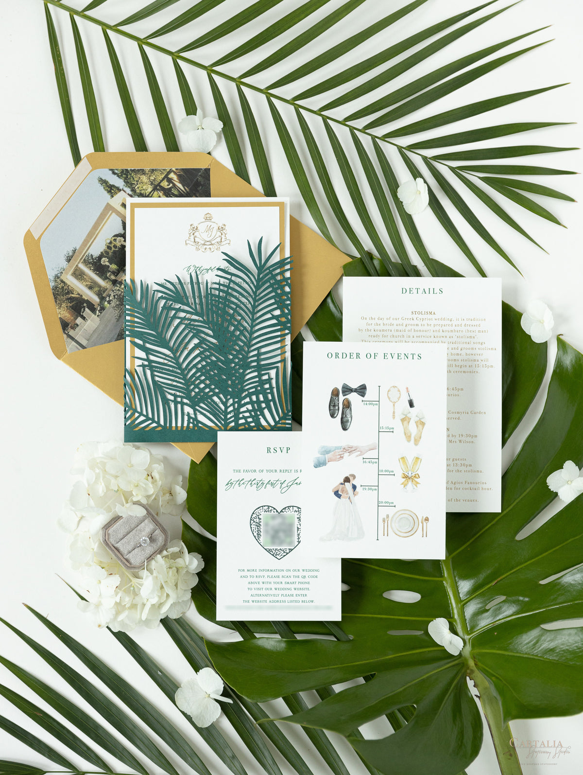 Laser Cut Palm Tree Wrap Suite in Green & Gold | Bespoke Commission M&J