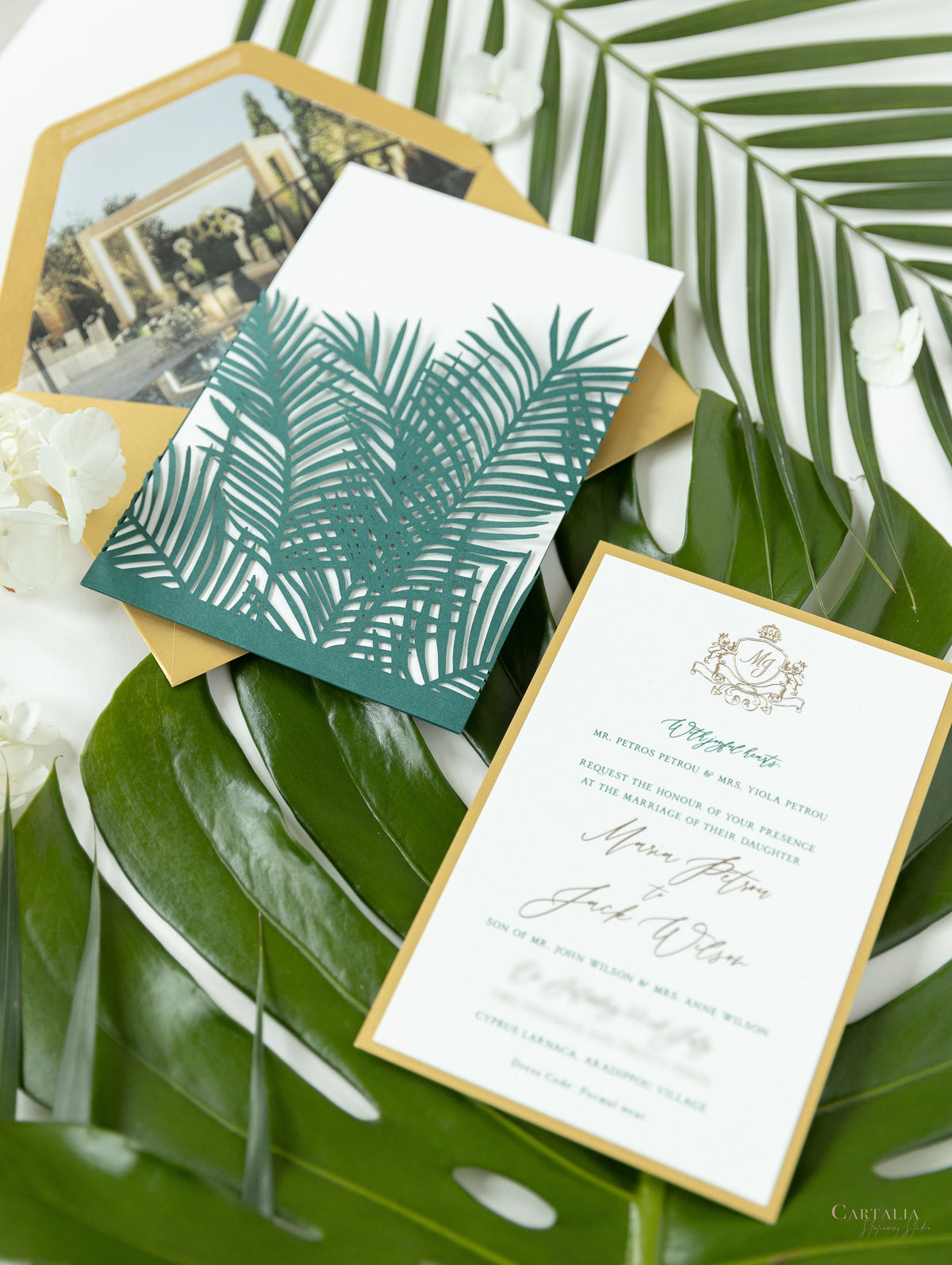 Laser Cut Palm Tree Wrap Suite in Green & Gold | Bespoke Commission M&J