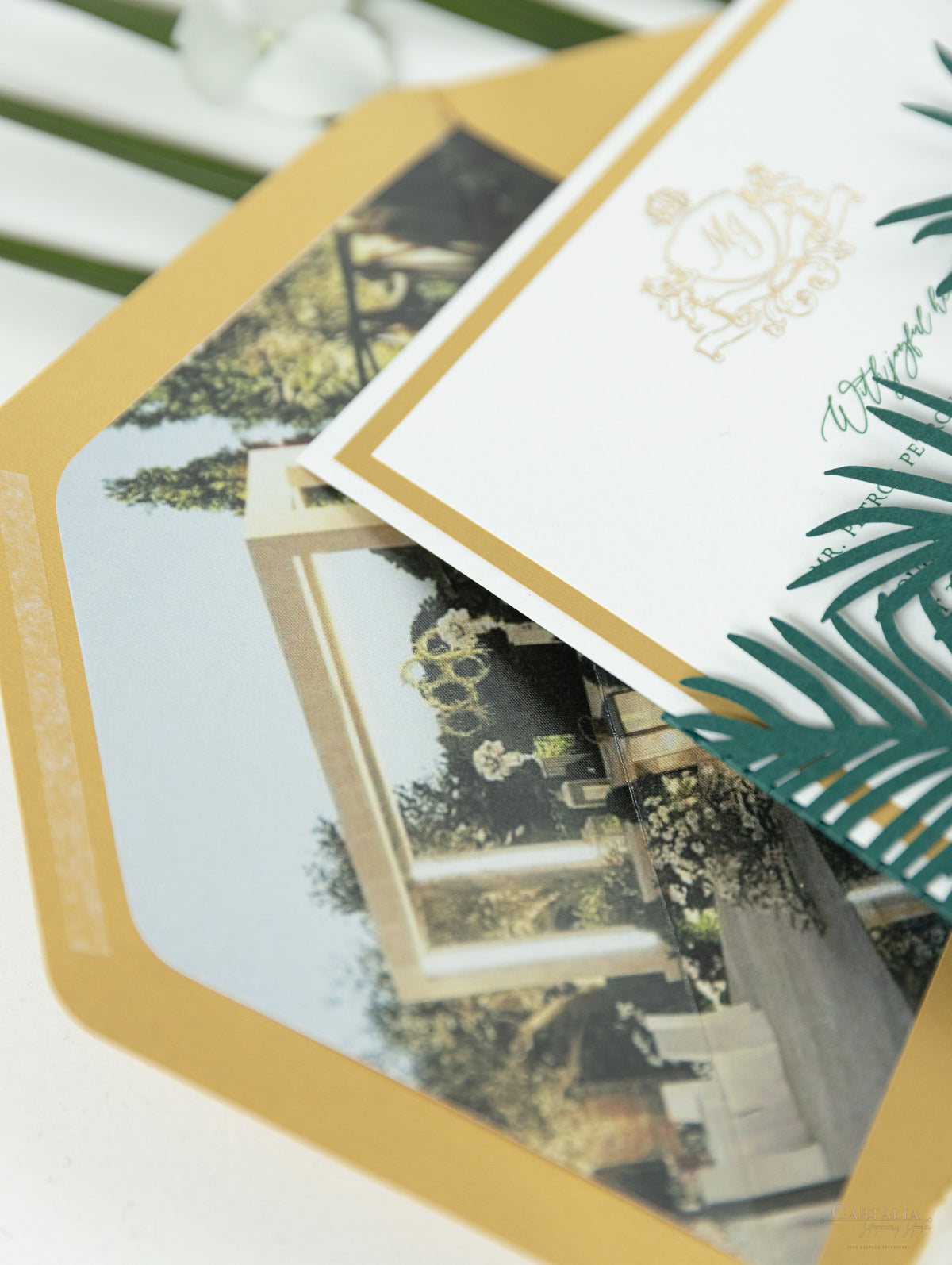 Laser Cut Palm Tree Wrap Suite in Green & Gold | Bespoke Commission M&J