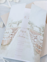 Custom Watercolour Venue Invitation on Vellum with Velvet Ribbon | Bespoke California