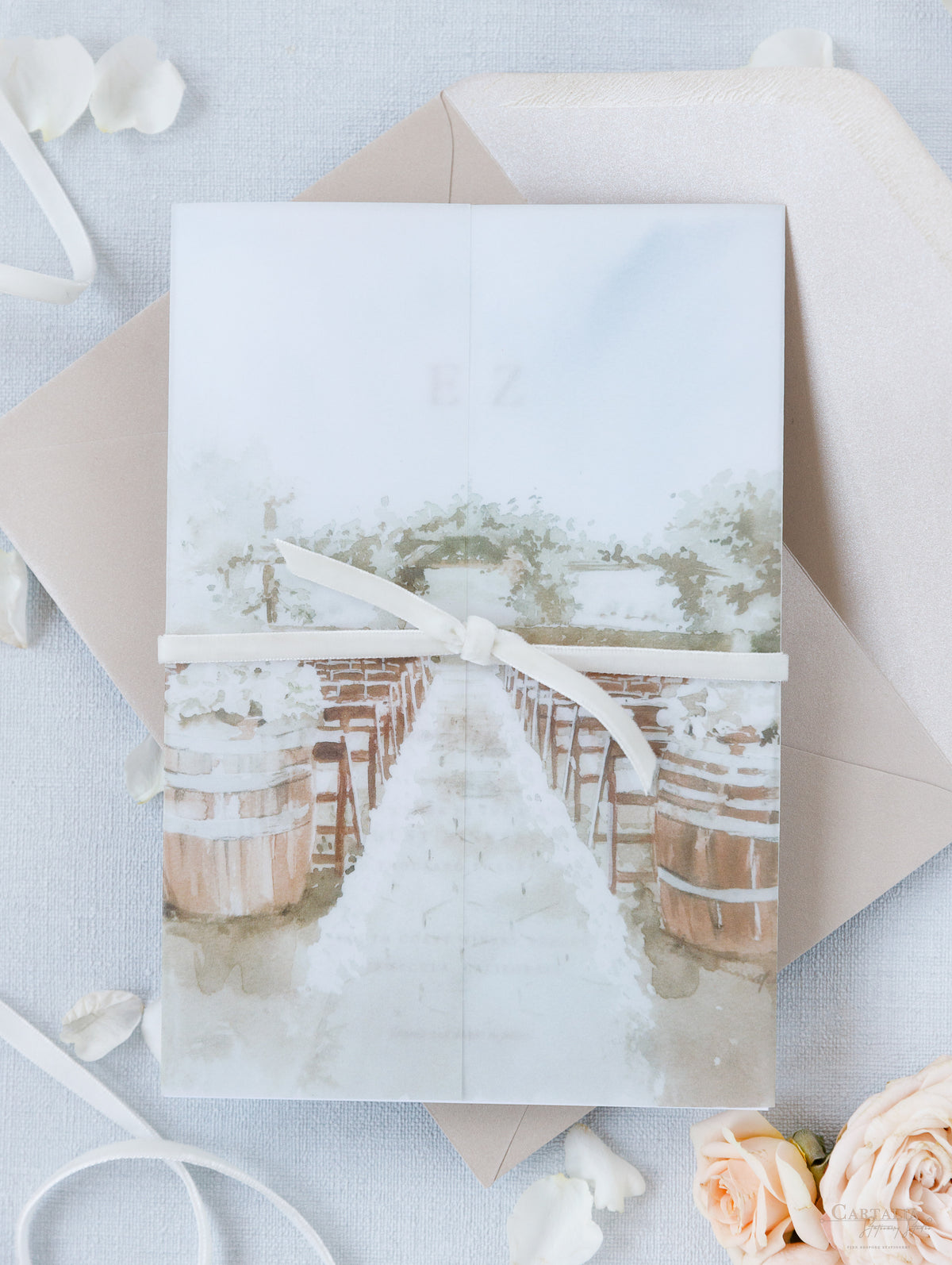 Custom Watercolour Venue Invitation on Vellum with Velvet Ribbon | Bespoke California