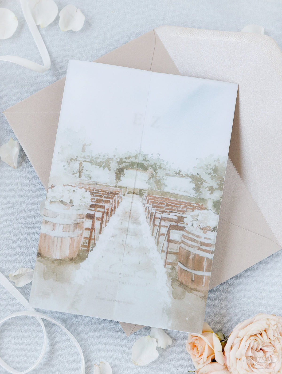 Custom Watercolour Venue Invitation on Vellum with Velvet Ribbon | Bespoke California