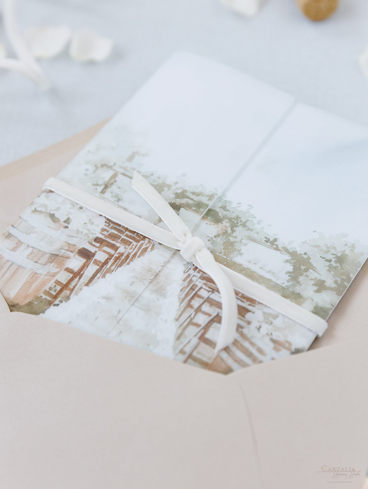 Custom Watercolour Venue Invitation on Vellum with Velvet Ribbon | Bespoke California