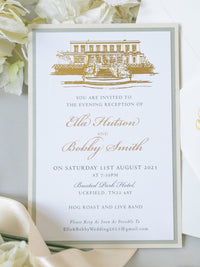 Illustrazione della sede del matrimonio personalizzata | Invito sventato per la sede in lamina d'oro da 800 g/m²