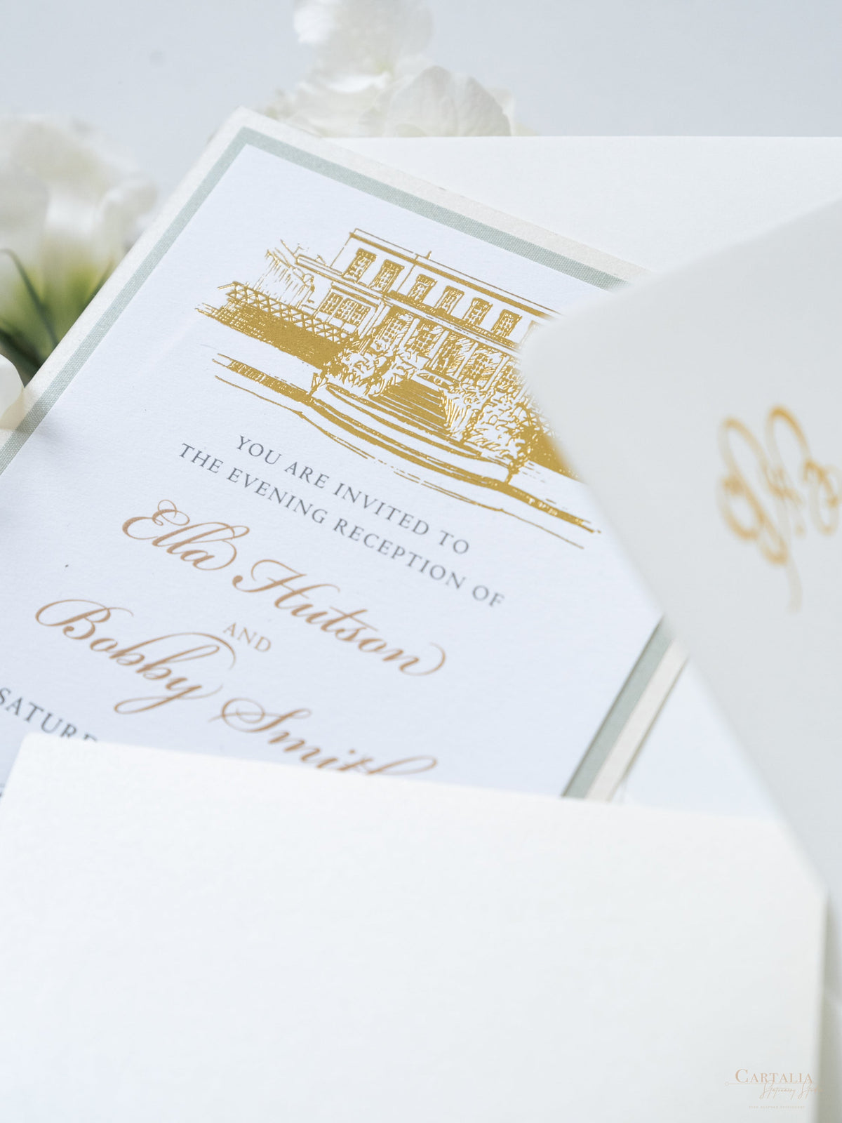 Illustrazione della sede del matrimonio personalizzata | Invito sventato per la sede in lamina d'oro da 800 g/m²